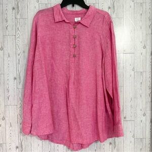 Sigrid Olsen 100% Linen Size 2X Roll Tab Long Sleeve Pink Button-Down Shirt